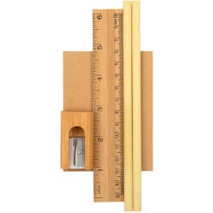 A stationery set featuring a wooden ruler, two pencils, and a pencil sharpener, all neatly arranged.