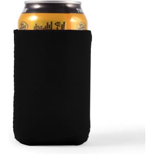 A drink can is wrapped in a sleek black stubby cooler, designed to keep beverages cool.