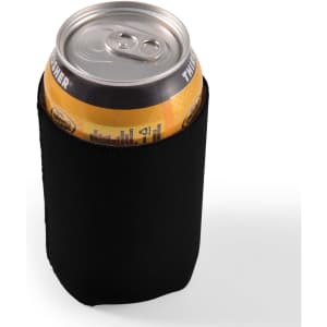 A drink can is held in a black stubby cooler, designed to keep beverages cold.