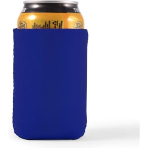 A drink can is wrapped in a blue stubby cooler, designed to keep beverages cold.