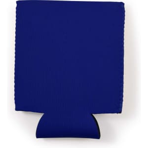 A blue stubby cooler with a fitted base and a smooth surface, featuring a logo on one side.