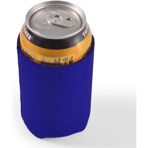 A drink can is nestled in a blue stubby cooler. The cooler is designed to keep beverages cold.
