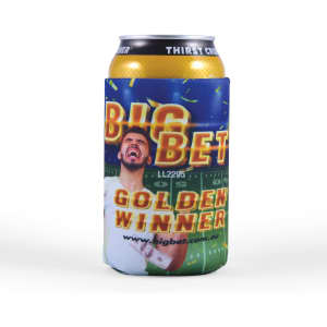 A drink can cooler featuring vibrant colors, a logo, and a design celebrating a winner.