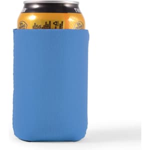 A drink can is nestled in a blue stubby cooler, designed to keep beverages cold.