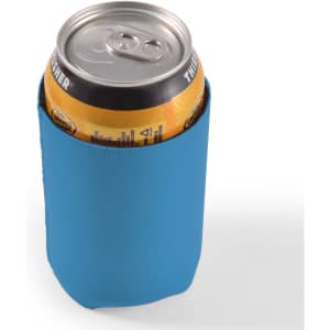A drink bottle is held within a bright blue Surf Stubby Cooler, designed to keep beverages cold.