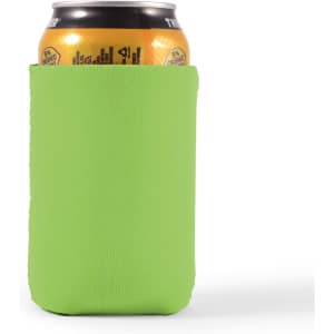 A drink bottle cooler in vibrant green, holding a can of orange beverage inside. The cooler has a logo.