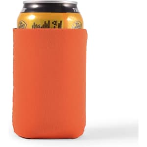 A drink bottle is fitted with a bright orange stubby cooler, designed to keep beverages cold.