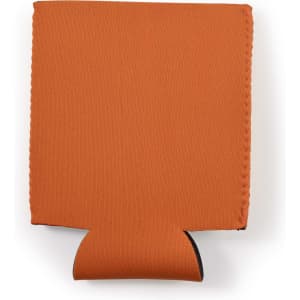 A drink bottle cooler in an orange color with a soft fabric exterior and a foldable bottom for easy storage.