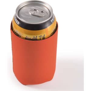 A drink can is encased in a vibrant orange surf stubby cooler, designed to keep beverages cold.