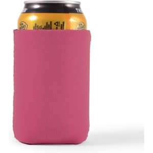A drink bottle cooler in bright pink material, designed to fit a standard can.