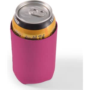 A drink bottle is wrapped in a bright pink stubby cooler, designed to maintain the temperature of the can.