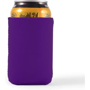A drink can is nestled in a purple stubby cooler, designed to keep beverages cold.