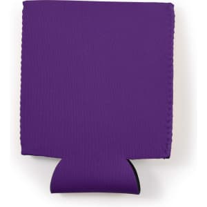 A drink bottle cooler in vibrant purple fabric, featuring a bottom flap and a logo branding.