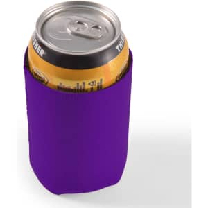 A drink can is nestled inside a vibrant purple stubby cooler, designed to keep beverages cold.