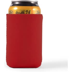 A drink can is snugly fitted inside a vibrant red stubby cooler, designed to keep beverages cold.