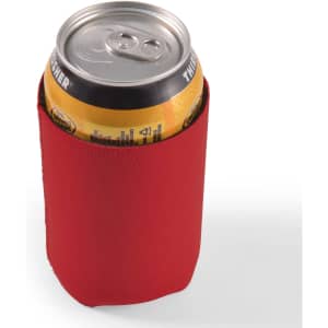A drink can cooler in bright red, featuring a snug fit for standard beverage cans, with a logo on the side.