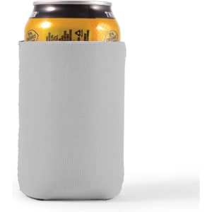 A drink bottle is encased in a light gray stubby cooler, designed to keep beverages cold.