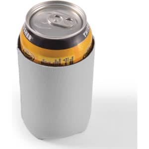 A drink can is displayed inside a gray stubby cooler. The cooler is designed to keep beverages cold.