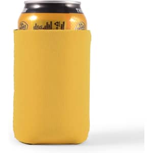 A drink can is nestled inside a yellow stubby cooler, designed to keep beverages cold.