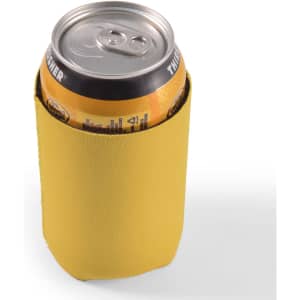 A drink bottle is wrapped in a bright yellow stubby cooler, designed to keep beverages cold and provide grip.