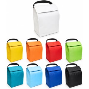 A variety of cooler bags in white, orange, red, green, blue, and black, each with a handle and fold-over top.