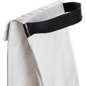 A white cooler lunch bag with a black handle at the top. The bag features a branding logo.