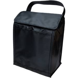 A black cooler lunch bag with a flap closure and a handle, featuring a front pocket and a simple design.