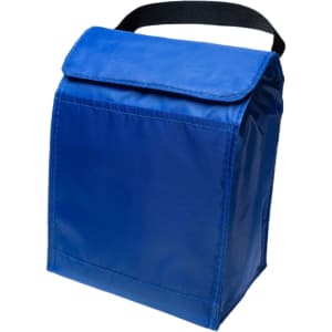 A blue cooler lunch bag with a flap closure and a sturdy black handle.