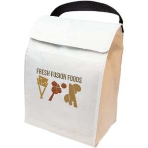 A white cooler lunch bag with a black handle and a logo featuring food icons on the front.