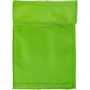 A bright green cooler lunch bag with a flap closure and a single pocket on the front. It features a logo.