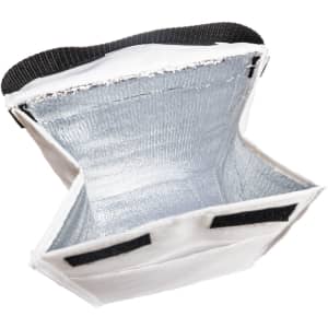 A white Sumo Cooler Lunch Bag interior with a silver insulated lining and black strap, featuring a logo.