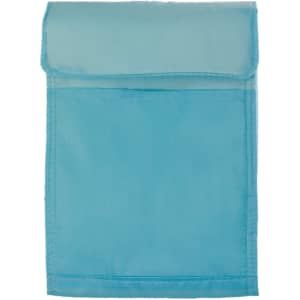 A blue cooler lunch bag with a flap closure and a front pocket, featuring a logo.