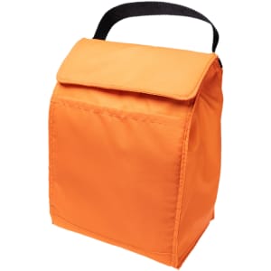 A vibrant orange cooler lunch bag with a flap closure and a black handle.