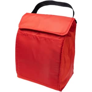 A red cooler lunch bag with a flap and a black carrying handle, designed for keeping food and drinks cold.
