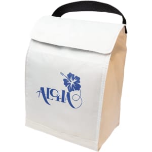 A white cooler lunch bag with a black handle and a blue floral design. It features a logo.