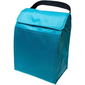 A turquoise cooler bag with a handle and flap closure, featuring a glossy finish. It has branding on the front.