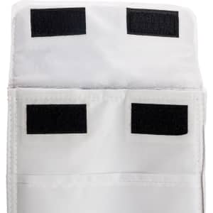 A white cooler lunch bag featuring a hook-and-loop closure at the top and a spacious compartment for food storage.