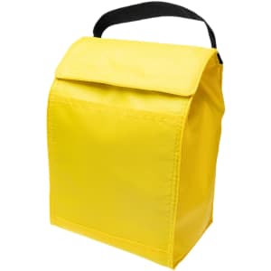 A yellow cooler lunch bag with a black handle and a flapped top.
