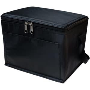 A black cooler bag with a zipper closure and side handle, featuring a front pocket.