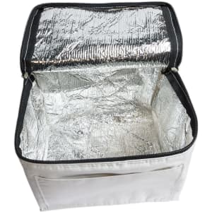A cooler bag in light grey with a reflective silver interior and a zippered opening. It has a simple design and no visible branding.