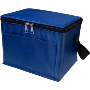 A blue cooler bag with a zip closure and a front pocket.