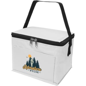 A white cooler bag with a zippered top and a black handle, featuring a logo.