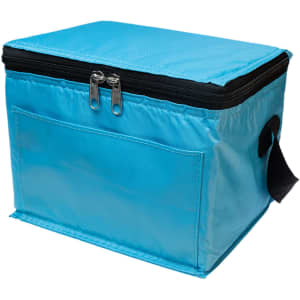 A blue cooler bag featuring a zippered top, a front pocket, and a handle on the side.