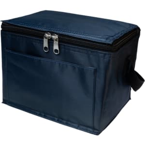 A cooler bag in navy blue with a zippered closure and a front pocket, designed for carrying beverages and food.