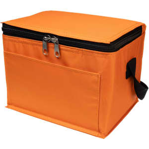 An orange cooler bag with a zippered top and a side handle, featuring a front pocket.