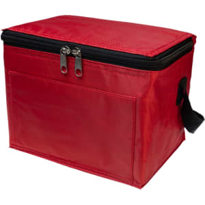 A red cooler bag featuring a zippered closure and a side handle. It has a smooth exterior with an empty front pocket.