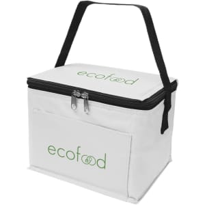 A white cooler bag with a black handle, featuring a logo on the front and a zippered closure.