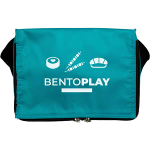 A teal cooler bag with a black strap, featuring a logo and various food graphics.