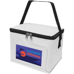 A white cooler bag with a zip closure and a black handle, featuring a logo on the front.