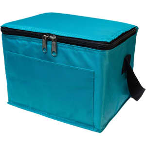 A teal cooler bag with a zippered top and a side handle, featuring a front pocket and a logo.